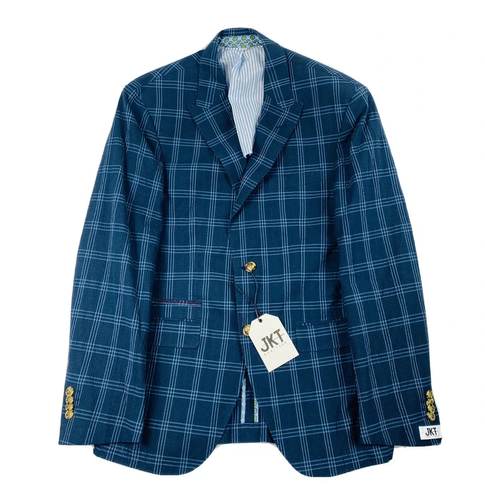 JKT New York Blue Windowpane Checked Cotton Seersucker Blazer Size 36R NWT